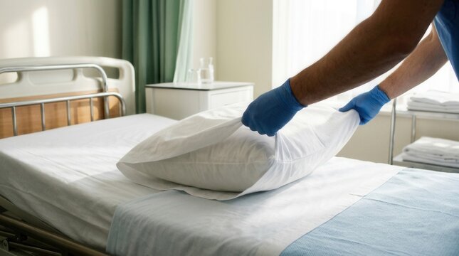 Medical professional in blue gloves making a hospital bed, adjusting white pillow on clean sheets, symbolizing care and hygiene in healthcare.