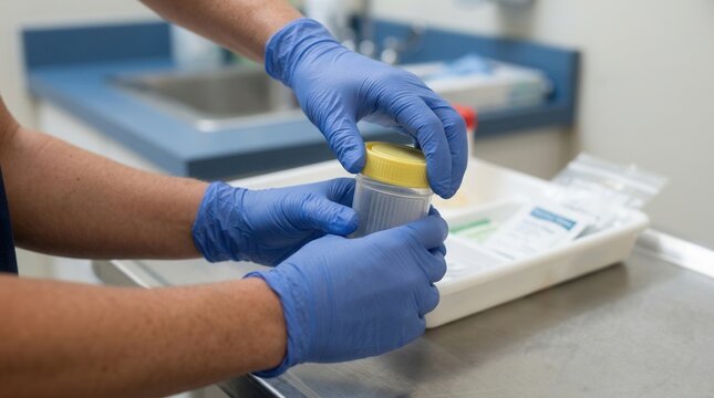 Healthcare worker in blue gloves preparing a specimen cup in a clinical lab setting, focusing on medical sample collection and testing.
