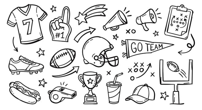 American football sport doodle set with jersey, helmet, ball, trophy, and fan accessories isolated on white background
