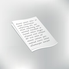 Fototapeta premium Stack of white paper sheets with handwritten style placeholder text, curved edges and subtle shadows on a soft gray background. Minimal vector document illustration.