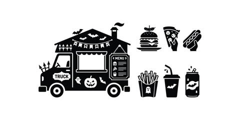 Fototapeta premium A black and white vector illustration of a festive Halloween food truck with various fast food items and spooky holiday themed decorations