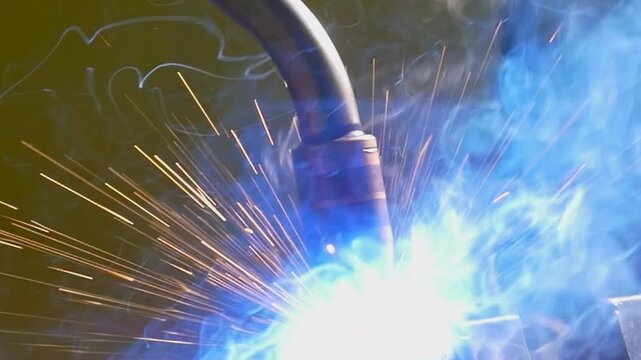 A precision argon welding robot joins metal pipes as the robotic arm follows the working area in an industrial setting. Bright sparks flare around the welding area as the process continues.