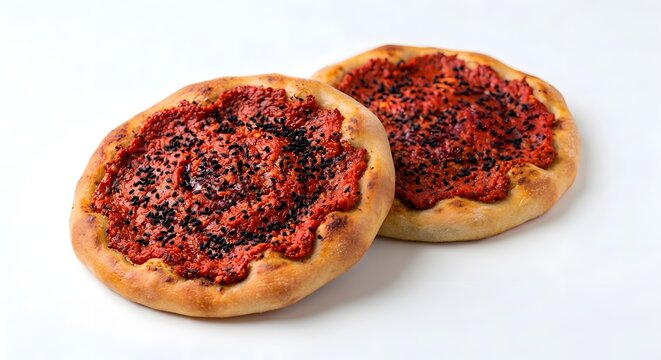 Two baked flatbreads topped with red pepper paste and black seeds on a white background.