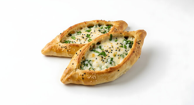 Two boat-shaped flatbreads filled with melted cheese, parsley, and seeds on a white background.
