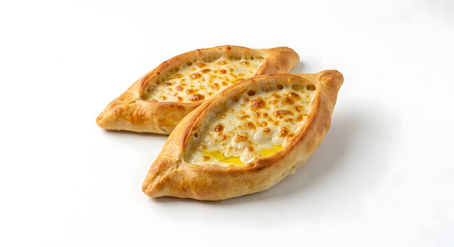 Two boat-shaped flatbreads filled with melted golden-brown cheese on a plain white background.