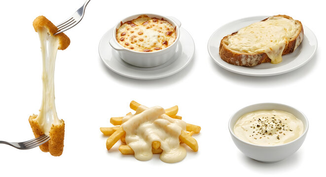 Assortment of mozzarella stick pull, baked cheese dish, cheesy toast, cheesy fries, and dip.