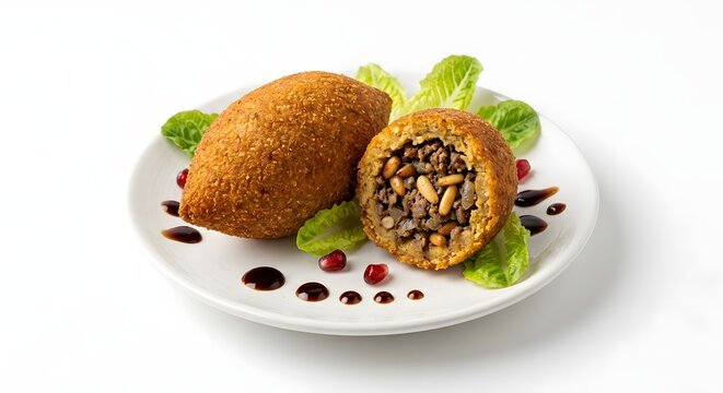 Crispy golden kibbeh stuffed with meat and pine nuts, garnished with lettuce and pomegranate molasses.