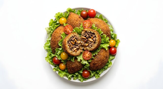 Fried kibbeh served on green lettuce with cherry tomatoes and one kibbeh cut open.
