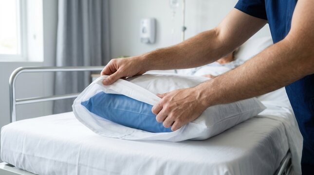 Nurse adjusts pillow for patient in hospital bed, demonstrating care and comfort in healthcare setting