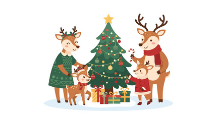 Fototapeta premium Cartoon Deer Family Celebrating Christmas Around Tree.