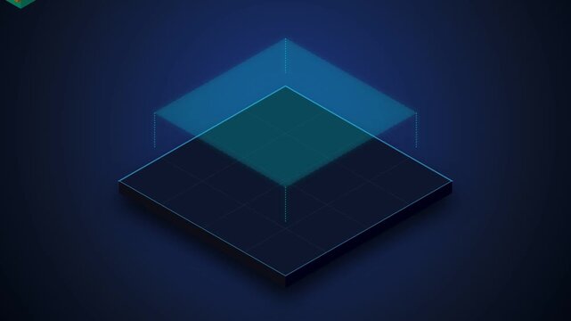 Abstract geometric shapes layered on a dark blue background.