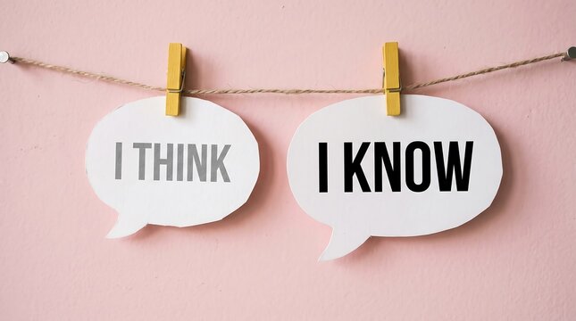 Speech bubbles with i think and i know text on a string