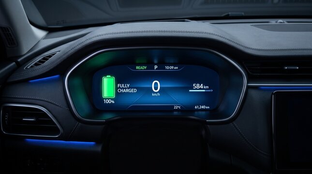 Electric vehicle dashboard display showing 100% battery charge