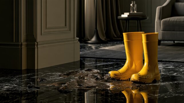 Bright Yellow Rubber Boots Standing on Dark Marble Floor with Mud Puddle in Modern Interior Setting Evoking a Playful Yet Messy Atmosphere