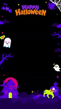 Halloween Animated Frame Overlay with Ghosts, Pumpkin, Bat and Haunted House - Alpha Channel