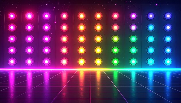 Colorful Neon Stage with Wall of Glowing Circular Lights