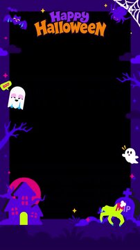 Cute Halloween Animated Border Overlay with Ghosts, Pumpkin, Bat and Haunted House