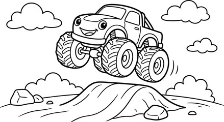Monster truck jumping over dirt hill ramp creates dynamic kids coloring book page art © MstRina