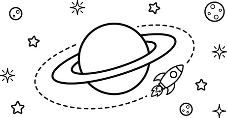 Orbiting planet with rings and flying rocket ship in deep space starry background outline © MstRina