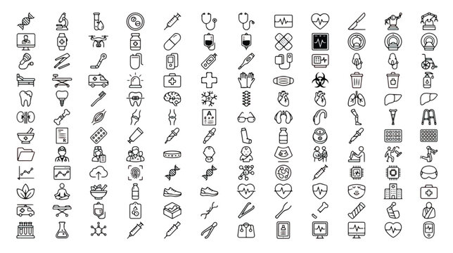 Medical line icons set, healthcare symbols collection in thin stroke style, 100 hospital vector elements for web and app design