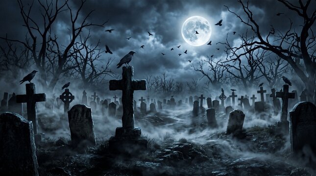 Spooky graveyard with crows and full moon in misty night, gothic cemetery landscape.