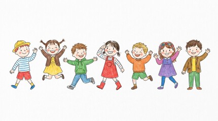 Fototapeta premium Group of Happy Children and Kids Playing Together, Cartoon Family and Friends Vector Illustration for School, Childhood, Friendship and Fun
