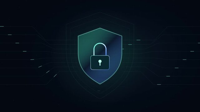 Cybersecurity shield and padlock with scanning data signals