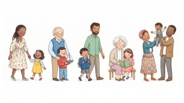 Happy Family and Children Group Standing Together, Smiling Kids and Young People Friends Cartoon Illustration for School, Childhood, Friendship and Family Concept