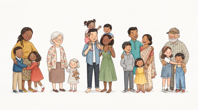 Happy Family and Children Group Standing Together, Smiling Kids and Young People Friends Cartoon Illustration for School, Childhood, Friendship and Family Concept