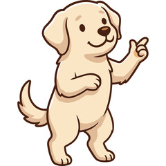 Fototapeta premium Cute cartoon golden retriever puppy standing on two legs and pointing with its paw in a friendly gesture