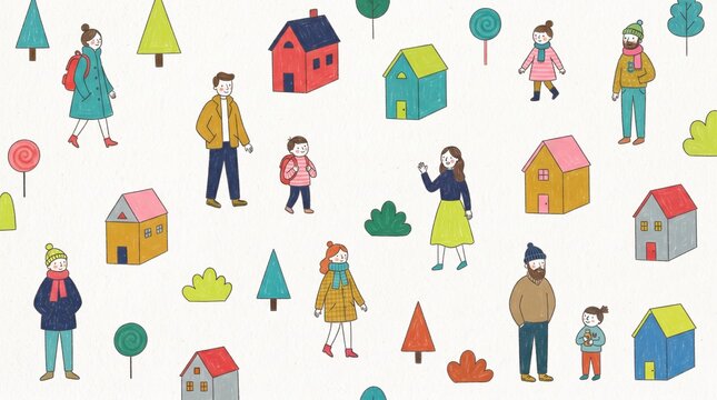 Seamless People and Shopping Bags Pattern with Happy Family and Children, Colorful Vector Illustration for Shopping, Home, Business, Lifestyle and Retail Design