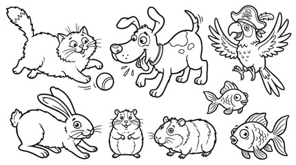 Obraz premium Cute Domestic Pets Cartoon Vector Set - Animals Line Art for Kids Coloring Page Collection