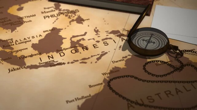 Vintage cinematic map focusing on the islands of indonesia