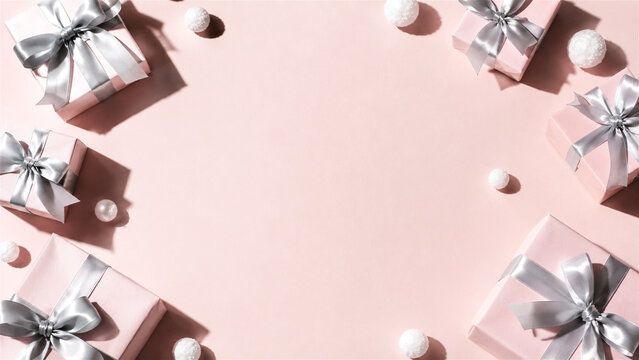 flat lay of pink gift boxes with silver ribbon bows and white decorative balls on pastel background with copy space