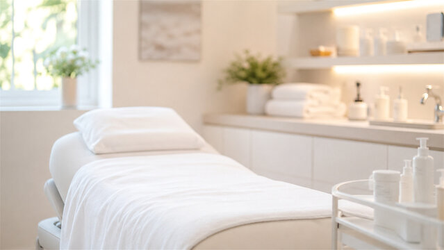 massage table with white towel and pillow in bright modern spa salon. Beauty treatment room with cosmetics and plants on shelf. Wellness, skincare and body care concept. Relaxation background