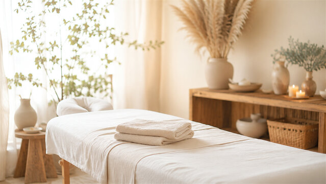 massage table with folded towels in cozy spa salon interior. Wellness and relaxation treatment room with candles, pampas grass and plants. Natural beauty therapy concept for body care and self care