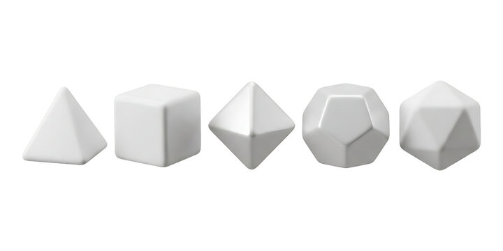 Set of five white 3D geometric shapes including pyramid cube octahedron dodecahedron and icosahedron, minimal platonic solids for education design