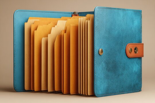 Blue leather organizer with many folders for documents