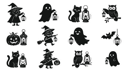 Obraz premium Halloween icon set, spooky witch, ghost, black cat, pumpkin, bat, owl, lantern, vintage linear illustration, cartoon character, happy autumn celebration symbols, vector graphic