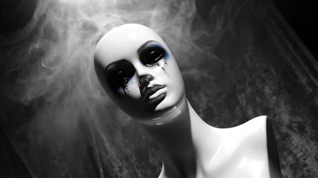 Melancholy mannequin portrait with dripping black makeup and tears in moody, dramatic lighting and smoky background