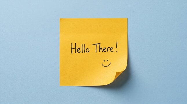 Friendly yellow sticky note with hello message on blue background