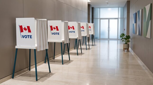 Voting booths in a hallway with Canadian flags