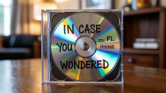 Custom written mixtape compact disc in plastic jewel case on wooden table