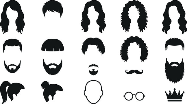 Set of hairstyle silhouettes for men and women with beards, mustaches, glasses, and crown vector character elements