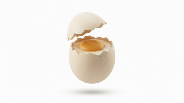 Cracked open white egg revealing a soft cooked yellow yolk inside on white