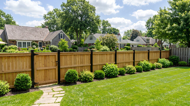 Wooden privacy fence with gate, bordering a lush green lawn and suburban homes wooden fence garden fence