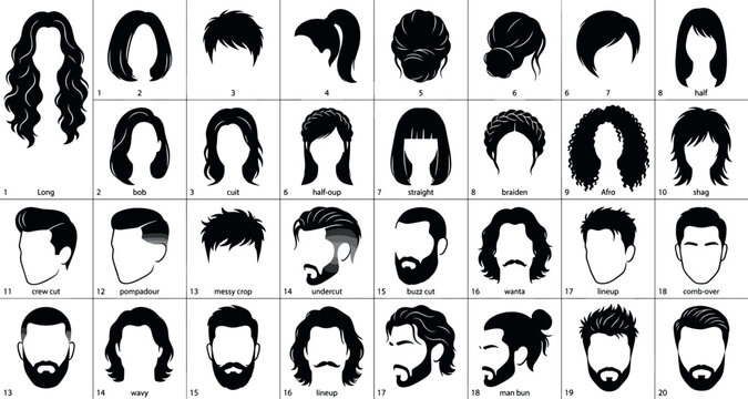 Set of women and men hairstyle options with haircuts, beards, buns, and braids vector avatar silhouettes guide