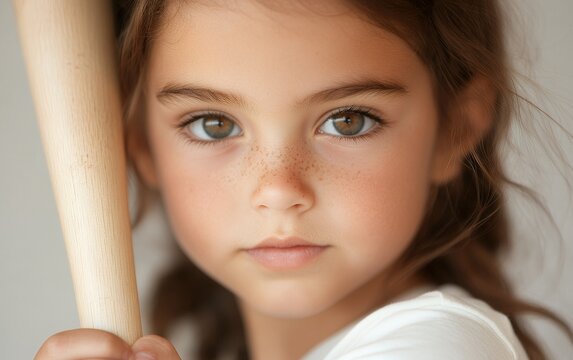 Close-up portrait of a young girl holding a baseball bat, showcasing her serious yet gentle expression