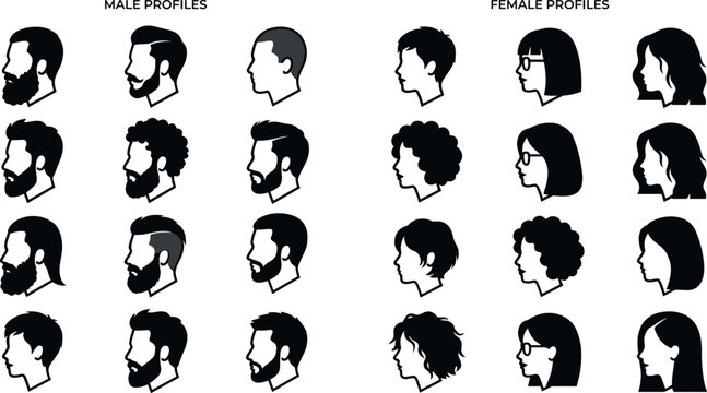 Collection of male and female side profile avatars with diverse hairstyles, beards, and glasses vector character silhouettes
