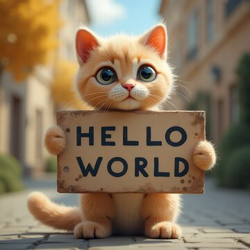 A cute cartoon kitten holding a sign that says 'Hello World,' radiating charm and playfulness